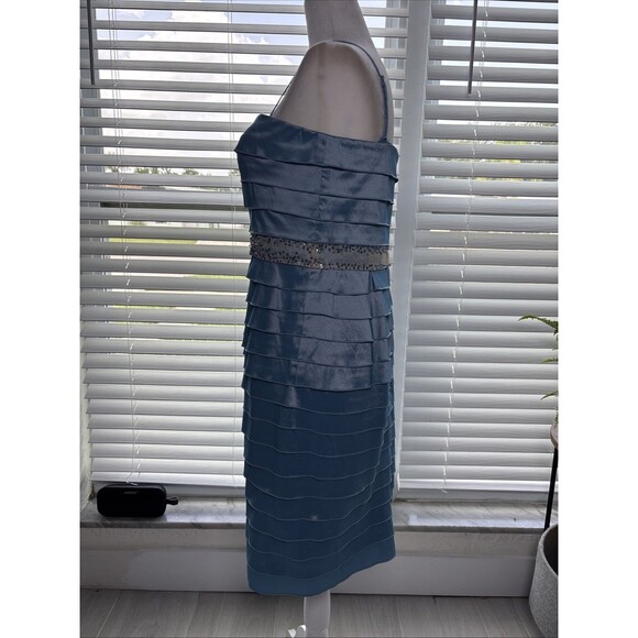 Adrianna Papell Blue Tiered Satin Dress & Jacket Set Beaded Waist Size 10 - Picture 7 of 17